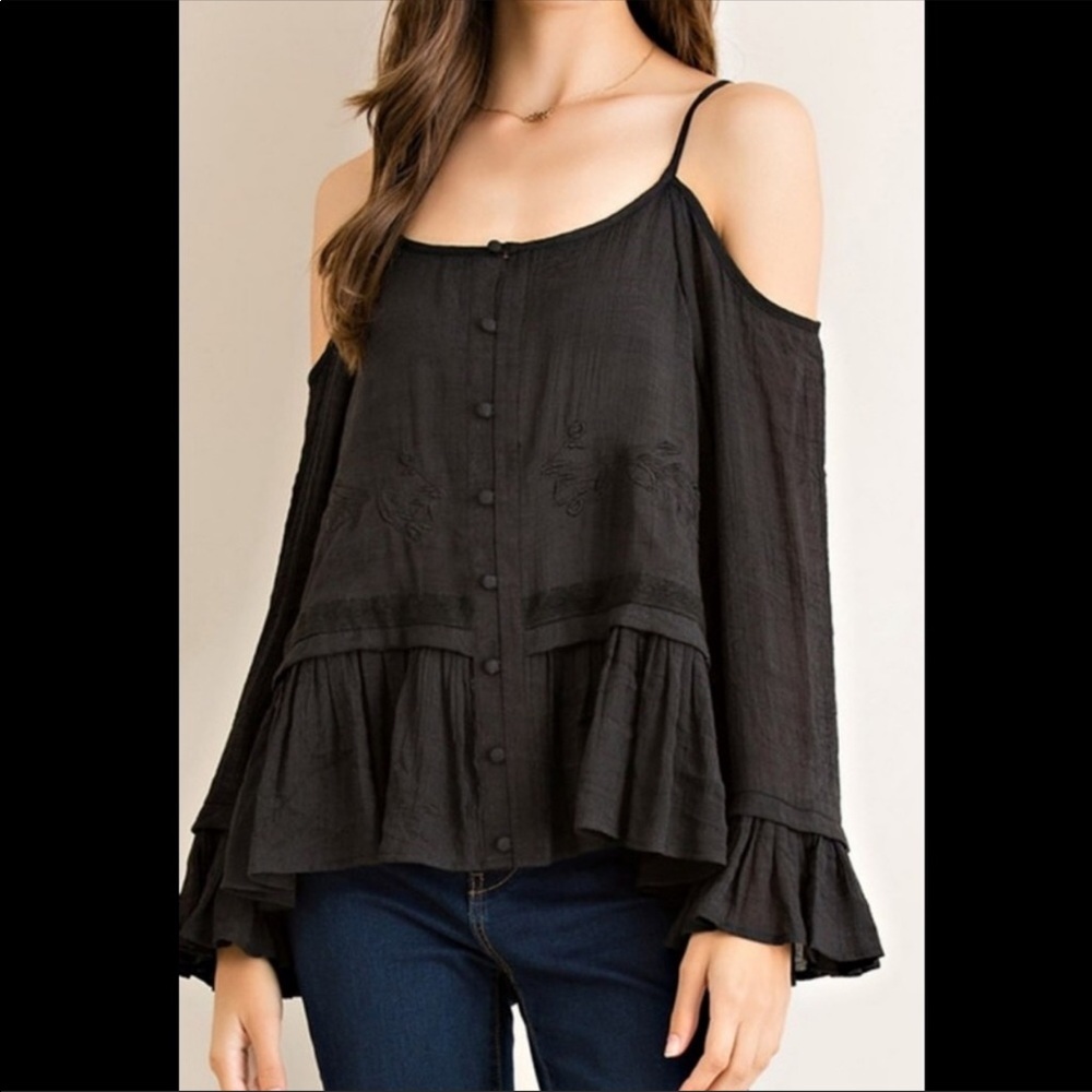 Black embroidered cold shoulder blouse